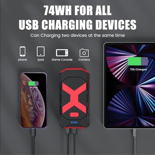 BOOKOO Jump Starter 4000A and 2000A, for Upto 10.0L Gas and 6.5L Diesel Engines, 74Wh Portable Car Battery Jump Starter with Dual USB Port,3 LED Modes,Carry Box