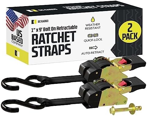 DC Cargo Mall Bolt-on Auto Retractable Ratchet Straps (2-Pack) 1” x 9ft, Heavy Duty, 1,200lb Break Strength – Tie Down Straps for Boat, Jet Ski, RZR, ATV