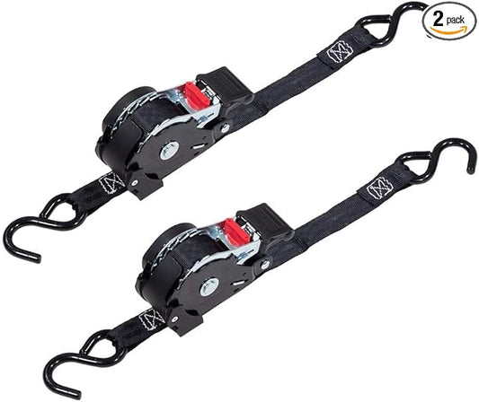 Mytee Products (2 Pack) Auto Retract NO-RATCHETING Ratchet Straps | 1" x 12' Retractable Ratchet Straps with Coated S Hook Tiedowns for Motorcycles, ATVs, Bikes: Tight & Secure Pickup Trailer Tie-Down