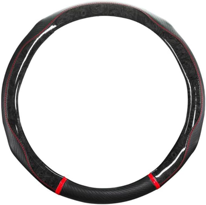 Peach Wood Grain Steering Wheel Cover Anti-Slip Breathable Durable Leather Four Seasons Universal 15 Inch Car Wrap Cover (Black-Red)