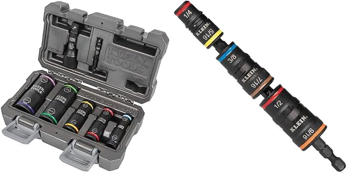 Klein Tools 66070 Impact Socket Set, Impact Driver Flip Socket, Five Sockets & 32933 Impact Driver, 7-in-1 Impact Flip Socket Set, 6 Hex Driver Sizes