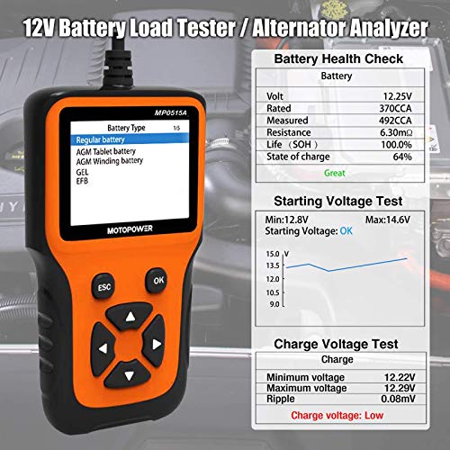 MOTOPOWER MP0515A 12V Car Battery Load Tester with MP00205C 12V 800mA Battery Charger Maintainer