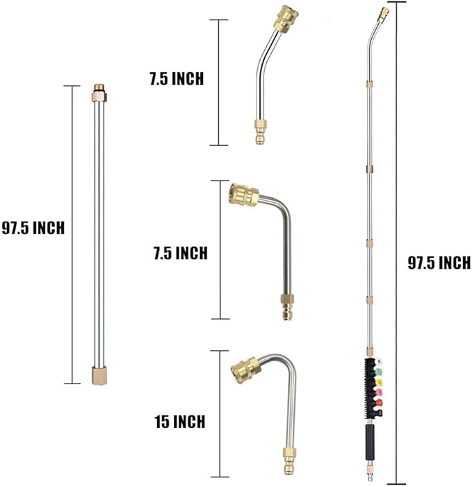 Selkie Pressure Washer Extension Wand Upgrade Power Washer Lance with Spray Nozzle Tips,30°,90°,120° Curved Rod, 1/4’’Quick Connect, Replacement for Anti-Leaked Ring 4000 PSI…