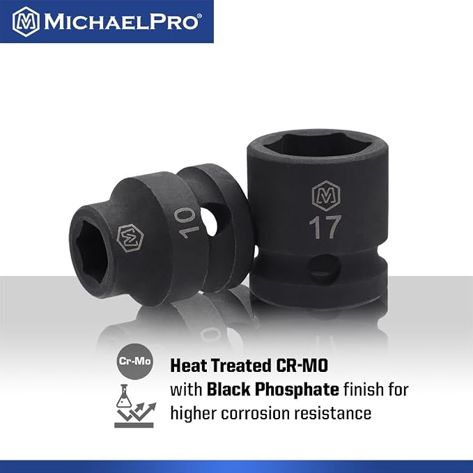 MichaelPro 1/2 Inch Low Profile Impact Socket Set, 14-Piece Low Profile Sockets, CR-MO, with Socket Rail | MP005046