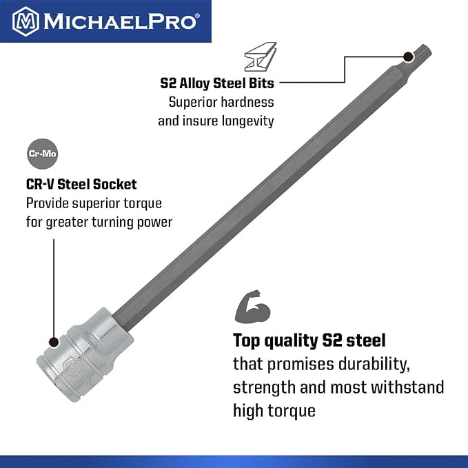 MichaelPro 12-Piece 3/8'' Drive Long Torx Bit Socket Set, T10 to T60, 6-Inch Length for Easy Reach in Deep Areas, High Torque Resistant CR-V and S2 Steel, Sturdy Storage Case Included - MP012019
