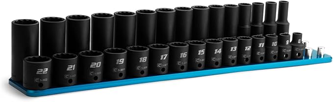 Capri Tools 3/8 in. Drive Shallow and Deep Impact Socket Set, 12-Point, Metric, 8 to 22 mm, 30-Piece with Blue Billet Aluminum Socket Rail