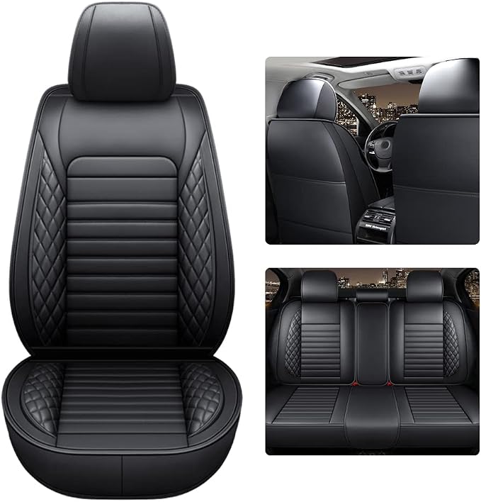 otoez Car Seat Covers Full Set, Black Leather Seat Cover Universal Fit for Most Car SUV Sedan Pick-up Truck, Waterproof Automotive Front and Back Seat Protector (Black)