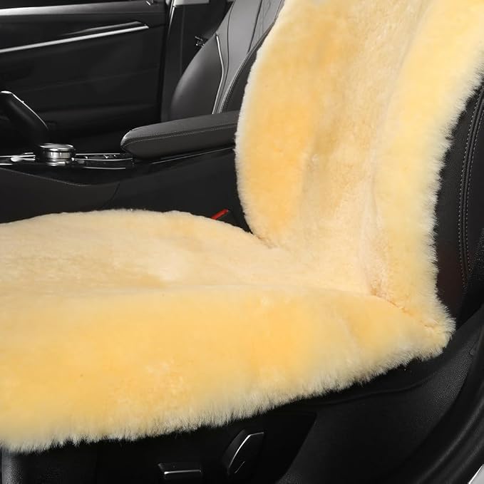 IRIWOOL Fluffy Fur Sheepskin Car Seat Cover Automotive Interior Accessories Seat Covers Accessories Seat Cushions， Soft Natural Pure Wool ，Universal Fits Most Cars SUVs (Yellow, Universal Fit)