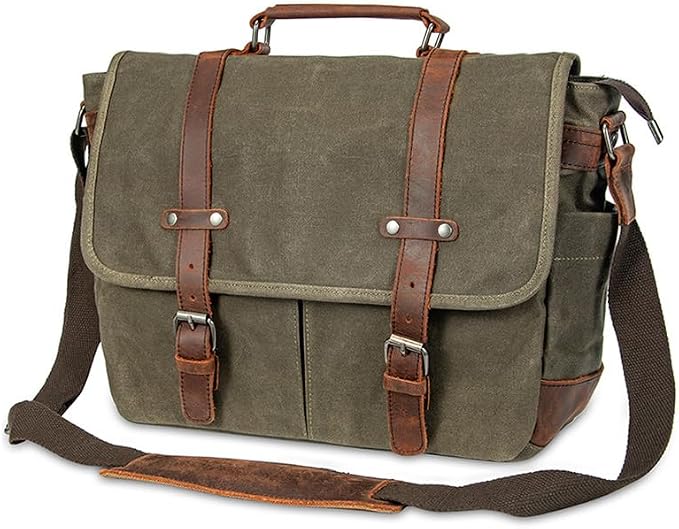 Vintage Genuine Leather Waxed Canvas Briefcase Large Satchel Shoulder Bag Rugged Computer 15.6" Laptop Bag
