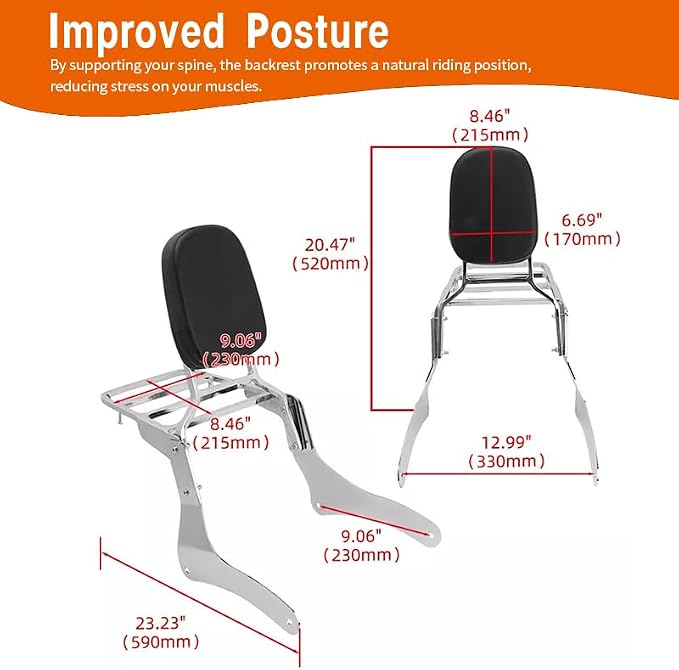 Comfortable Leather Backrest Sissy Bar + Luggage Rack Pad Compatible With Kawasaki Vulcan 900 VN900 1996-2018 (Chrome) (Chrome)