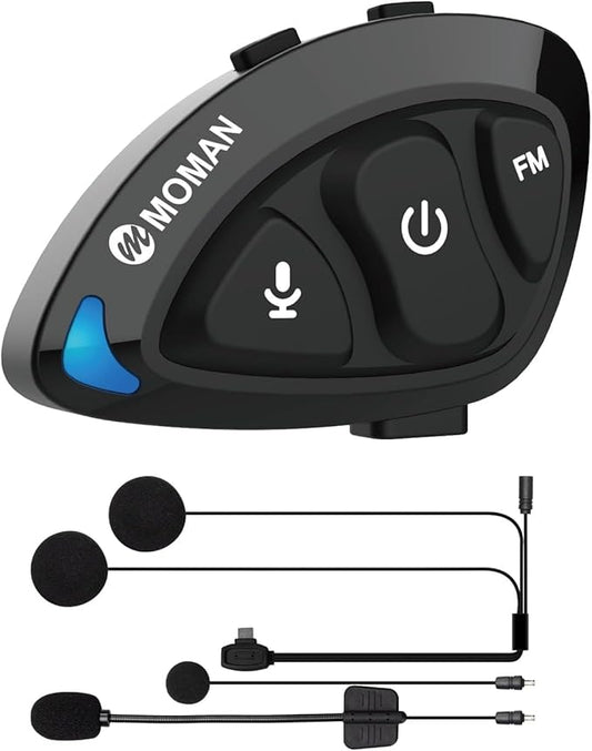 Moman Motorcycle Helmet Headset Speaker, RS-S Motorbike Helmet Headphone HiFi/Noise Cancellation/Auto Answer/FM Radio/AI Voice/IPX6 Waterproof with 2 Type Mics Earphone for All Helmets and Solo Riding