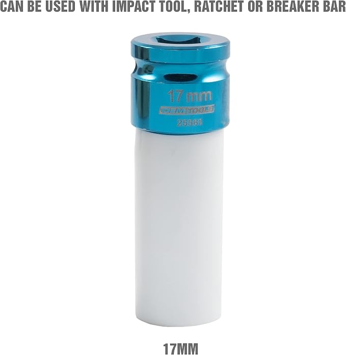 OEMTOOLS 25565 17MM Lug Nut Socket, 1/2" Drive 17 mm Socket for Wheel Service, Non-Marring Sleeve, Thin Wall, CR-MO Steel for Impact Tools, 400 Ft-Lb Max Torque