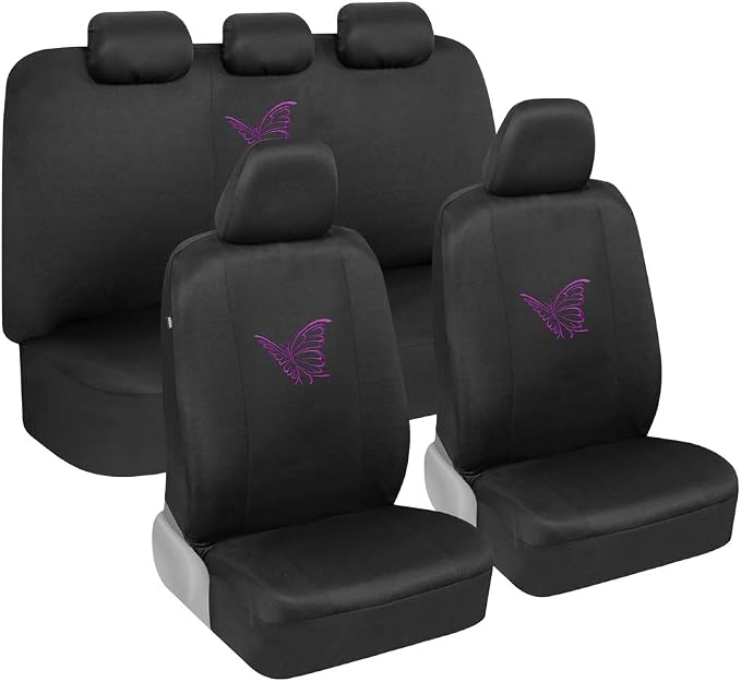 BDK Purple Butterflies Car Seat Covers for Women, Full Set with Steering Wheel Cover and Seat Belt Pads – Front and Rear Seat Covers for Cars with Matching Accessories, Fits Most Car Truck Van SUV