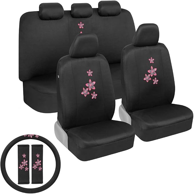 BDK Pink Floral Flower Print Car Seat Covers, Full Set with Steering Wheel Cover and Seat Belt Pads, Front and Rear Universal Fit for Car Truck SUV Van, Cute Auto Interior Accessory for Women