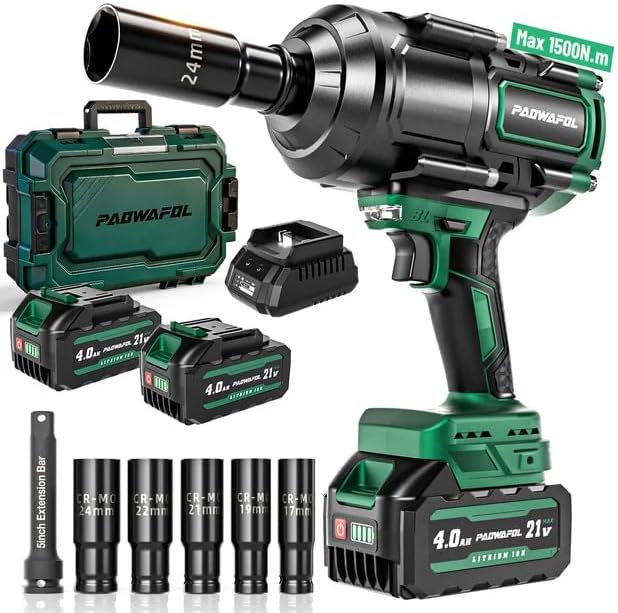 2026 New Upgrade 1106ft-lbs(1500N.m) Impact Wrench, High Torque 1/2 Impact Gun with 21V 2x4.0AH Battery, Fast Charger & 5 Sockets, 3500IPM Brushless Impact Driver for Home Car Truck Tires
