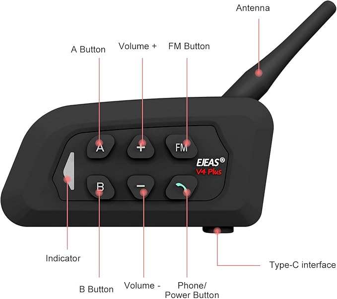 Novamente V4 Plus Motorcycle Bluetooth Headset, 4-Way 1500m Helmet Intercom with IP65 Waterproof,Noise Cancellation,FM (1Pack)