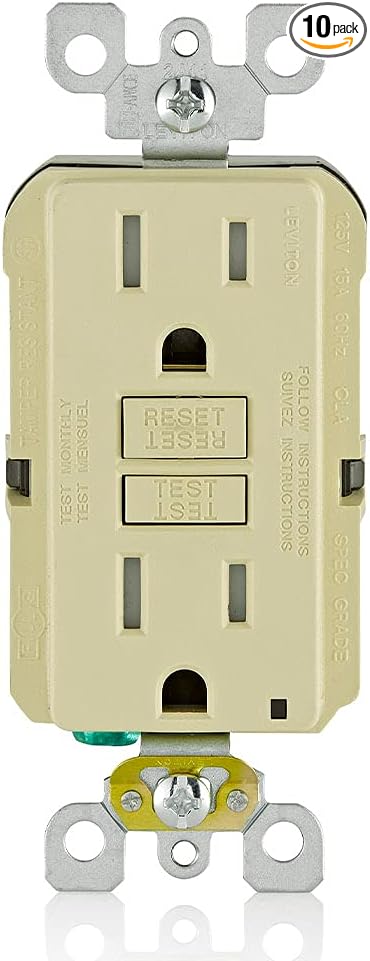 Leviton GFCI Outlet, 15 Amp, Self Test, Tamper-Resistant with LED Indicator Light, Protection from Electric Shock and Electrocution, GFTR1-I, Ivory (Pack of 10)