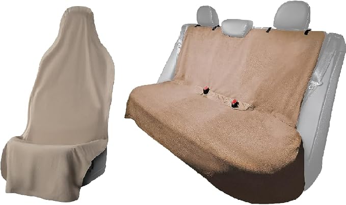 UltraSport Front Seat Cover and Backseat Cover - Tan Washable Car Seat Towels and Back Seat Protector for All Vehicles - Universal Car Seat Protectors from Sweat, Food, Dirt
