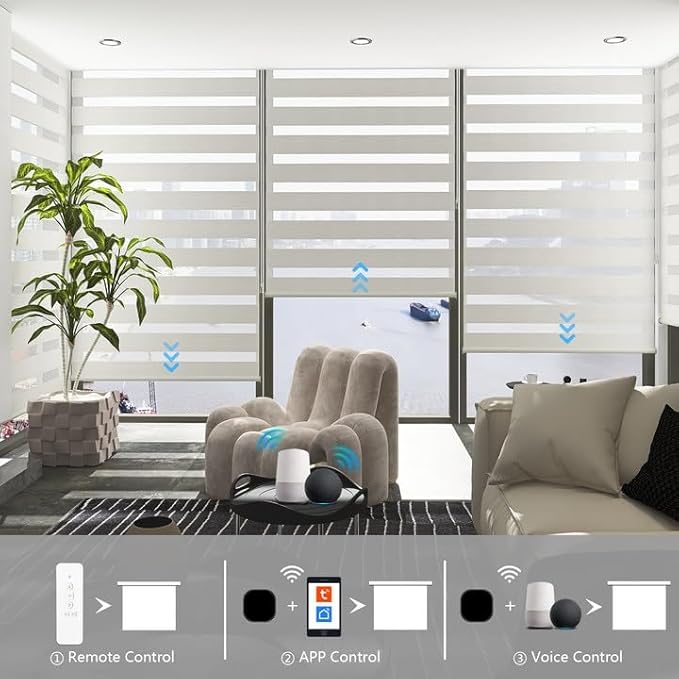 Motorized Blinds with Remote, 95% Blackout Smart Electric Zebra Shades, Built-in Rechargeable Tubular Motor Automatic Blinds for Window Compatible with Alexa Google (Luxurious White, 30" W x 72" H)