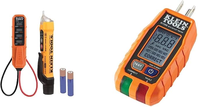 Klein Tools NCVT3PKIT Electrical Test Kit, Dual-Range Non-Contact Voltage Tester & RT250 GFCI Receptacle Tester with LCD Display, for Standard 3-Wire 120V Electrical Outlets