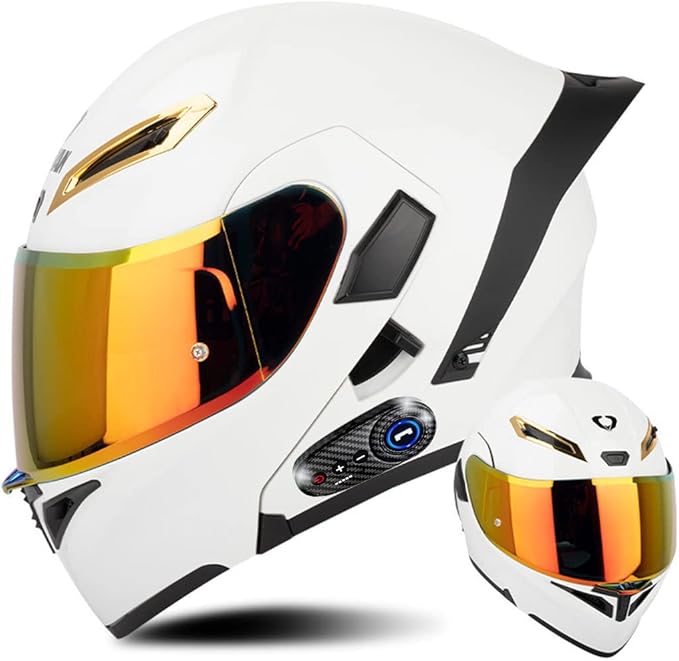 Full Face Bluetooth Modular Motorcycle Helmet, DOT & ECE 22.05 Approved, Black/White