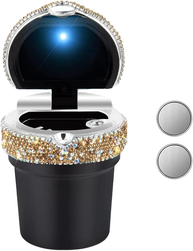 eing Car Ashtray Portable Bling Cigarette Smokeless Cylinder Cup Holder with Blue LED Light Indicator and 2 Replacement Batteries,Car Accessories for Women,Ideal for Car,Home and Office,1-Pack Gold