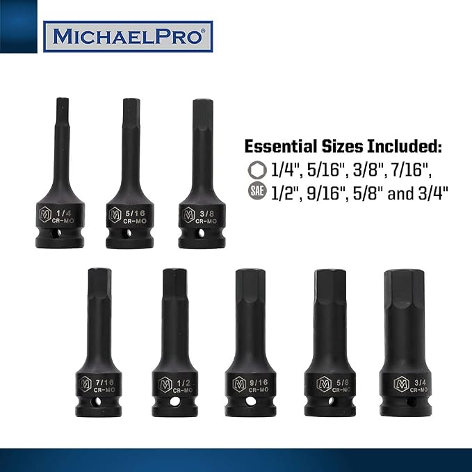 MichaelPro MP005028 8Pc 1/2” Drive Hex Bit Socket Set, 1/4" to 3/4”, Impact SAE Socket, CR-Mo | Sturdy Storage Case Included