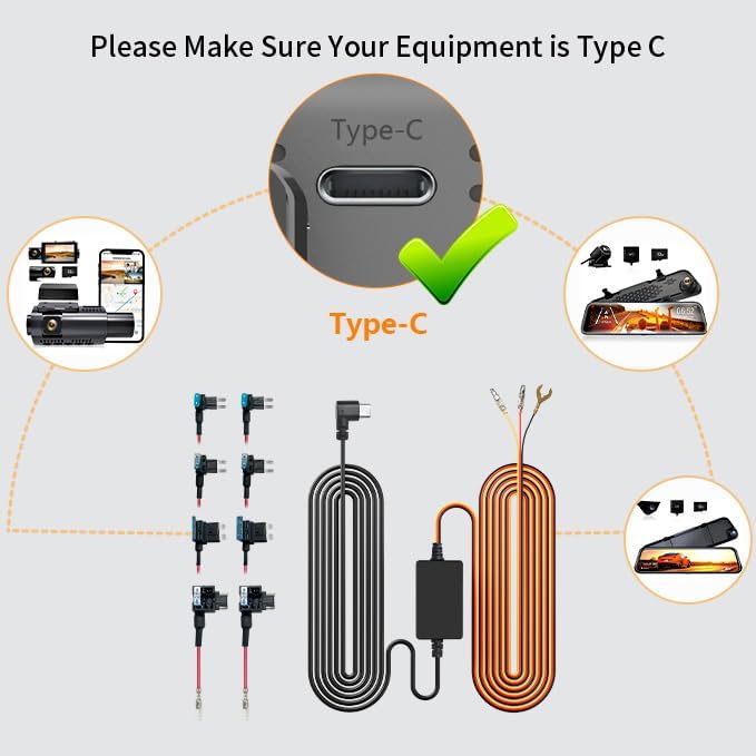 WOLFBOX USB C 4A Acc Hardwire Kit 11.48ft for All WOLFBOX Dash Cams, Converting 12V-24V to 5V, with Battery Drain Protection