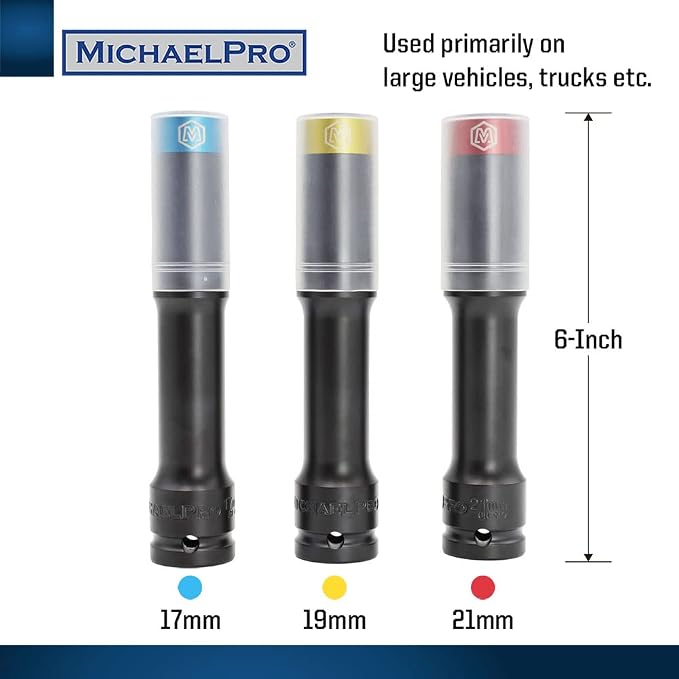MichaelPro 3-Piece Power Impact Lug Nut Socket, Damage-Free 6-Inch Length Extra Tough Professional Thin Wall Wheel Protector Impact Sockets –17, 19, 21mm| MP005031