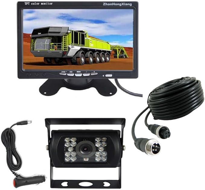 AHD 1080P Vehicle Backup Camera with Monitor Kit,18LED IR Night Vision 4 Pin Reverse Rear View Mirror Camera + 7" Car LCD Monitor Parking System 12V-24V with 49ft Cable for Long Bus Truck Trailer RV