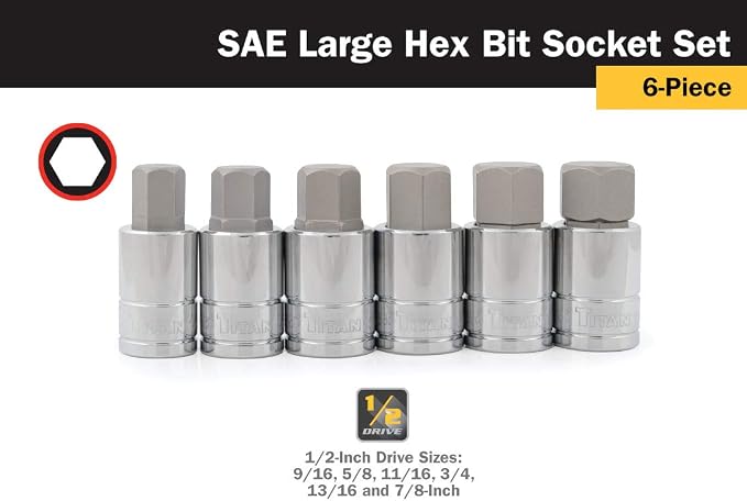 Titan 16130 6-Piece 1/2-Inch Drive SAE Hex Bit Socket Set, Magnetic Socket Organizer with Laser-Etched Size Markings