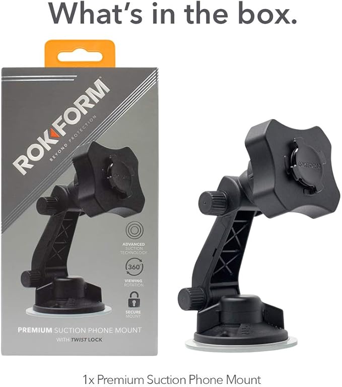 Rokform - Adjustable Windshield Phone Mount Secured by Strong Suction Cup Base, 210 Degrees of Tilt and 360 Degree of Rotation Phone Holder Compatible with ALL Rokform Twist Lock Cases