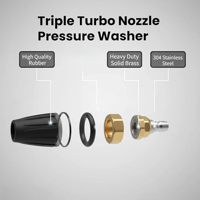 Turbo Nozzle Pressure Washer, Pressure Washer Nozzle, 360° Rotating 4000 PSI Turbo Nozzle with 1/4" Quick Connector 2.0 Orifice, 304 Stainless Steel for Driveway/Deck Clean(Grey)
