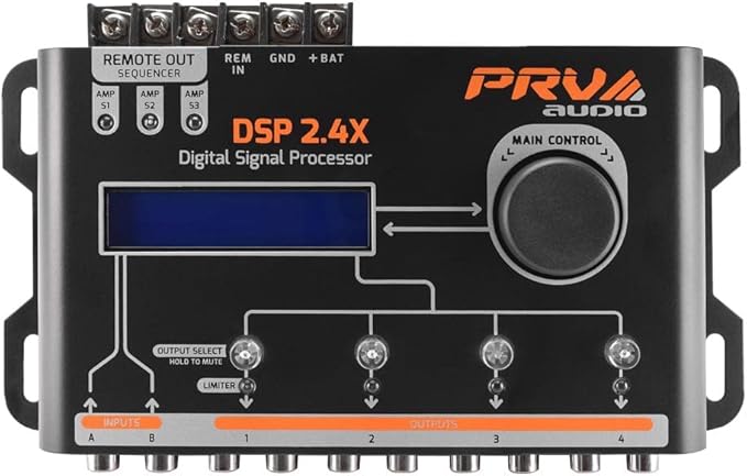 PRV AUDIO Car Audio DSP 2.4X Digital Crossover and Equalizer 4 Channel Full Digital Signal Audio Processor DSP with Sequencer Remote Relay