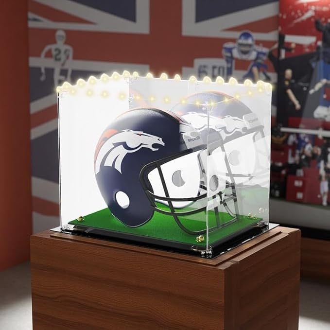 Football Helmet Display Case - Updated Full Size Acrylic Helmet Display Box for Baseball Motorcycle Hats - UV Protection Clear Showcase with Mirrored Back Turf Base & LED Tricolor Light Strip