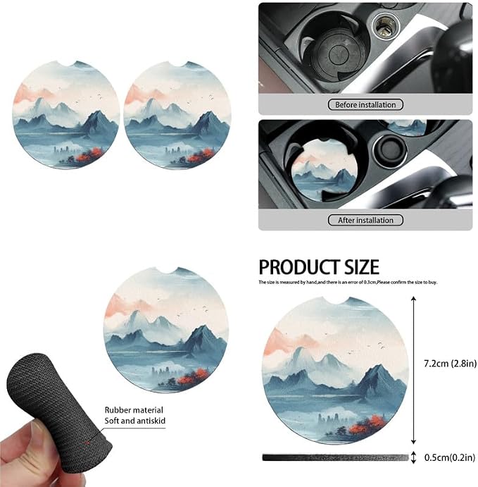 Chinoiserie Mountian Hand Drawing 13 Pack Car Accessories Set Include Car Chinese Landspace Front Seat Covers Car Decorations,Car Cup Pad Seat Belt Shoulder Pads, Universal Size, F9-13B