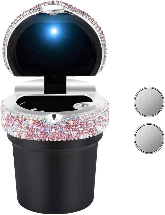 eing Car Ashtray Portable Bling Cigarette Smokeless Cylinder Cup Holder with Blue LED Light Indicator and 2 Replacement Batteries,Car Accessories for Women,Ideal for Car,Home and Office,1-Pack Pink