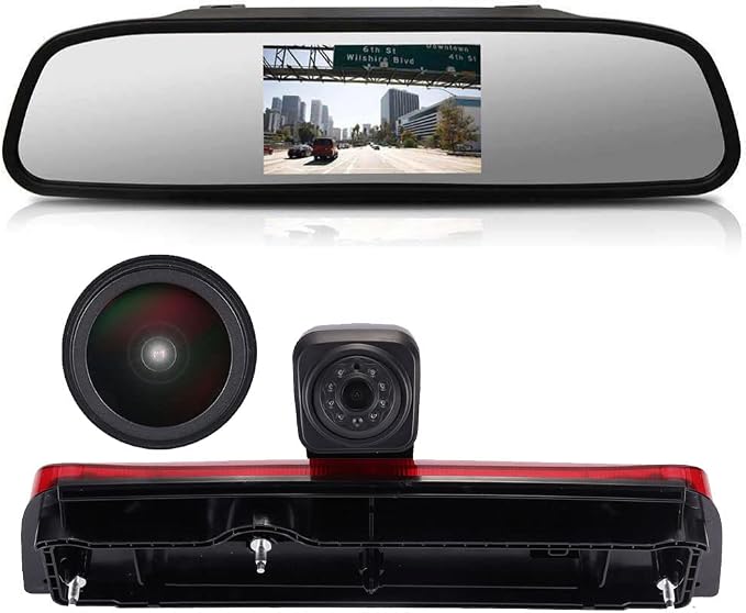 HD 1280x720p Third Brake Light Backup Camera Brake Lamp Rear View Reverse Camera+4.3" LCD Screen Mirror Compatible with Ford Transit Connect 2014-2017 Van Transporter Business MPV SUV