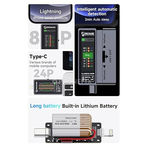 Type-C Lightning Interface Tail Insertion Detector Mechanic T-824, High Precision Digital Display Tester for Tail Plug Detection iPhone Mobile Phone Tablet Apple iPad Mac Android Phone