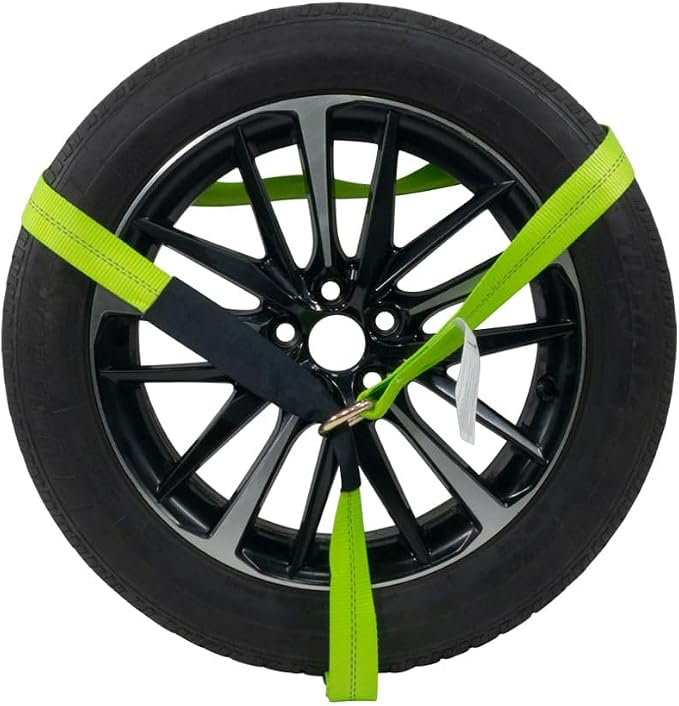 Mytee Products (4 Pack) 2" x8' Car Tie Down Ratchet Lasso Straps with Chain Anchor - 3,335 LBS WLL - High Viz Green Car Hauler Tire Straps for Trailers - Tie Down for UTV, Trucks, ATV