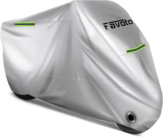 Favoto Motorcycle Cover Waterproof Outdoor Storage Universal Fit Heavy Duty Oxford Fabric Night Reflective with Lock-Hole Windproof Buckles Rain Dust Sun Protection Fits up to 96.5" Motorcycles