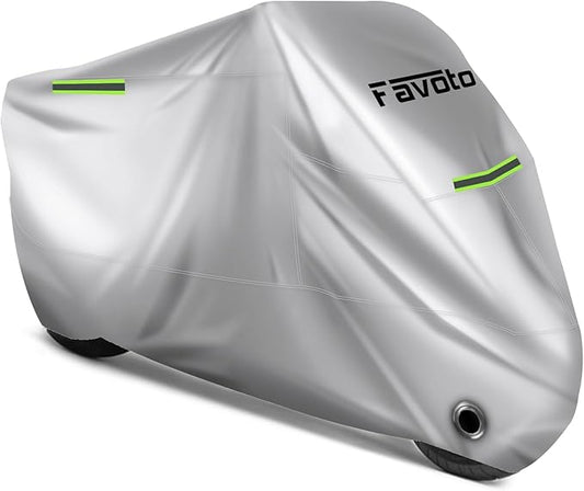 Favoto Motorcycle Cover Waterproof Outdoor Storage Universal Fit Heavy Duty Oxford Fabric Night Reflective with Lock-Hole Windproof Buckles Rain Dust Sun Protection Fits up to 96.5" Motorcycles
