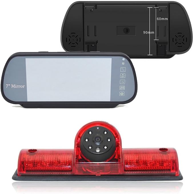 Car Third Roof Top Mount Brake Light 3 Rear View Camera Parking Safety Assistant System, HD Night Vision for NV1500/2500/3500 S SV SL Cargo Vans Transporter 2011-2021(with 7-inch Rearview Mirror)