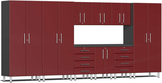 Ulti-MATE UG23101R 10-Piece Garage Cabinet Kit with Channeled Worktop in Ruby Red Metallic