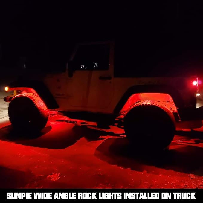 SUNPIE 4 Pods Upgraded 210 Degrees Wide Angle RGBW Rock Lights APP/Voice Mode Music Mode Automatic Control Neon Light Kit Wheel Well Lights for Off Road Truck SUV ATV UTV Boats