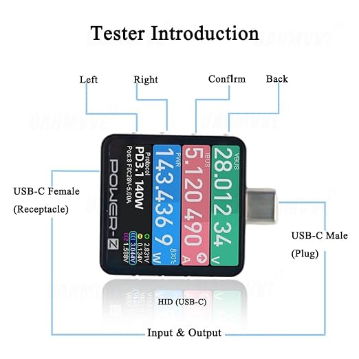Power-Z KM003C USB C Tester, 1.54" Portable USB C Fast Charging Tester PD3.1 QC5.0 50V 6A 240W, Digital Voltmeter Ammeter Power Meter, for Charger Power Bank Cable Laptop
