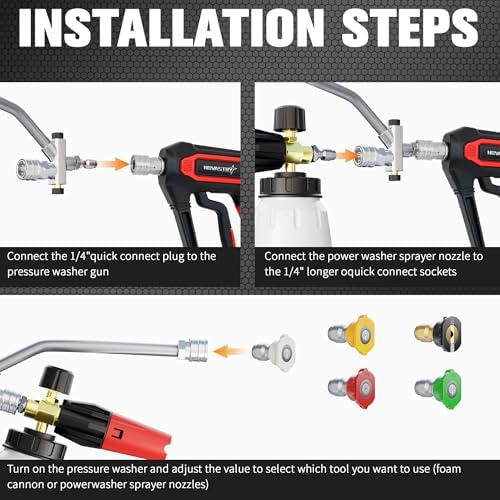 High-Pressure Washer Foam Cannon Accessory, Dual-Connector, 1-Liter Bottle, 5 Nozzles & High Pressure Washer Gun, 4000 PSI Max, 5 Nozzles, Anti-Kink Swivel, 1/4” Quick Connect, Compatible with M22-14