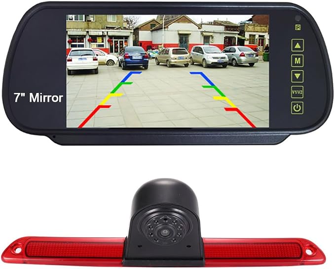 Car Third Roof Top Mount Brake Lamp Reverse Camera Sprinter Brake Light Backup Rear View Camera with 7 inch LCD Mirror for Ford Transit Custom 2012-2016