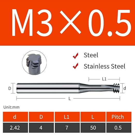 CNC Metric Thread Mill Cutter for Stainless Steel 60 Degrees 5pcs M3×0.5