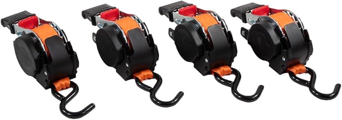 Mytee Products 4 Pack 1''x10' Bolt on Orange Retractable Ratchet Straps for Cargo - Coated S Hook Auto Retract Ratchet Straps - Self Ratcheting Strap for Boat Tie Down to Trailer & Jet Ski, ATVs
